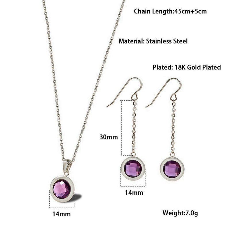 [Australia] - Worry-Free 18K Gold Plated Purple CZ Dangle Long Chain Hook Earrings+Necklace Set Silver Plated 