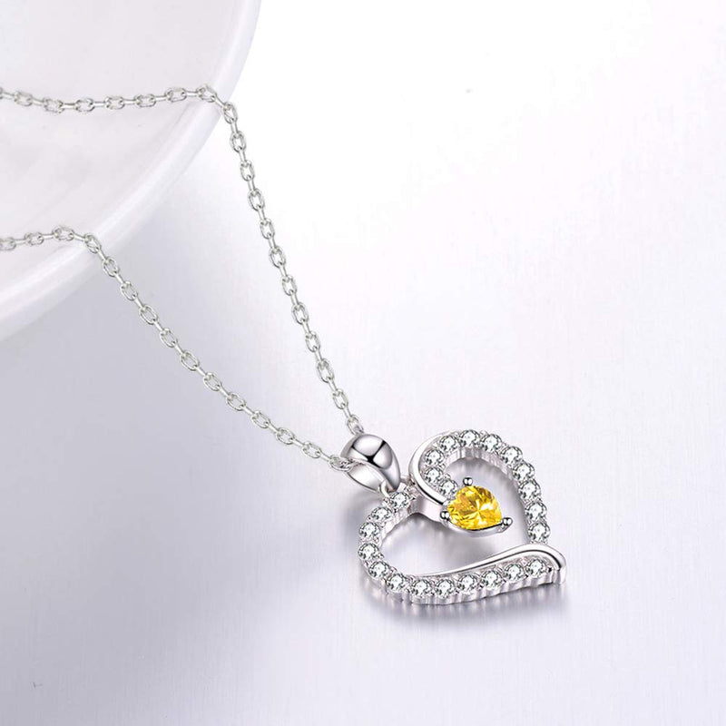 [Australia] - Birthday Gifts Love Heart Yellow Citrine Necklace for Women Mom I Love You Jewelry for Wife Anniversary Sterling Silver 20" Chain 