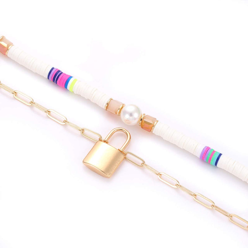 [Australia] - NVENF Heishi Bead Surfer Choker Necklace Layered Paperclip Chain Necklace Set Rainbow Vinyl Disc Bead Necklaces Lock Pendant Necklace for Women Girls Summer Beach Accessory White 