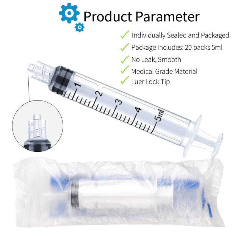 [Australia] - 5ml Luer Lock Syringe 20-Pack Plastic 5ml Syringes with Luer Lock Tip, Individually Sterile Sealed, No Needle 20.0 