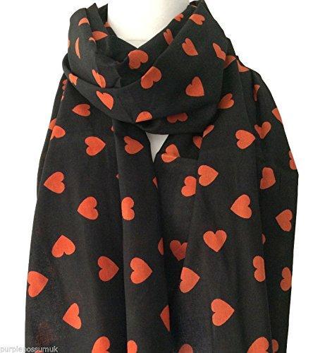 [Australia] - Purple Possum® Black Scarf Red Love Heart Print Fair Trade 100% Pure Cotton Hearts Scarf 