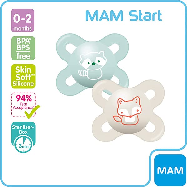 [Australia] - MAM Start Soothers 0-2 Months (Pack of 2), Baby Soothers with Self Sterilising Travel Case, Newborn Essentials, Blue/White (Designs May Vary) 