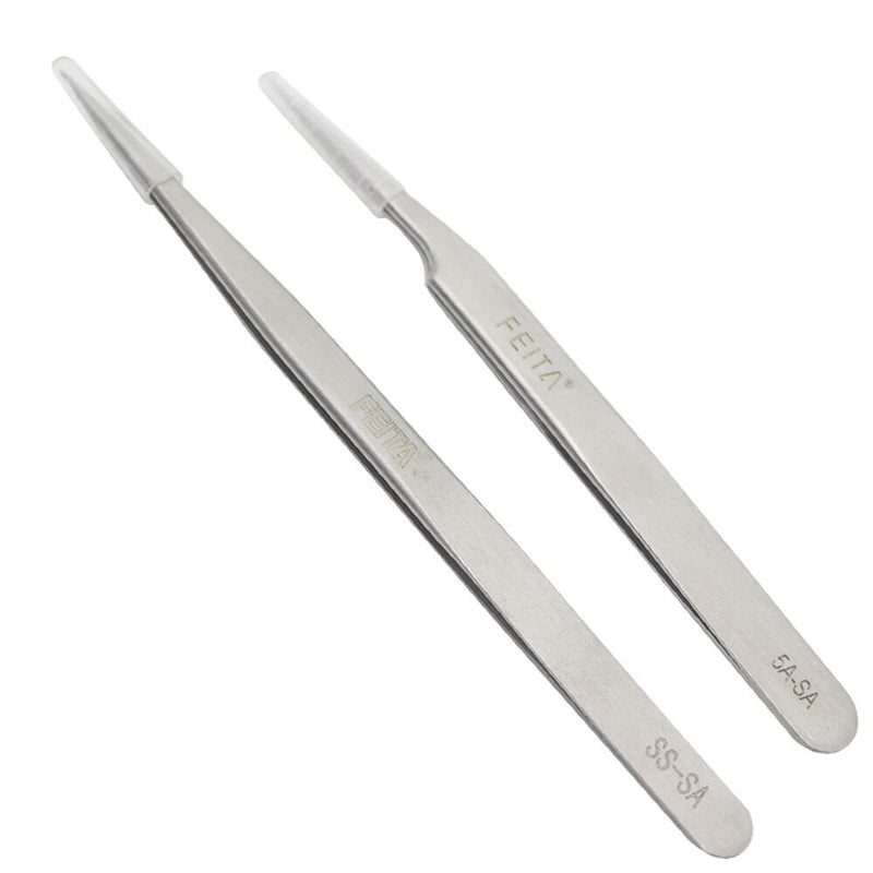 [Australia] - FEITA Precision Tweezers Professional Stainless Steel Straight & Slanted Tip Best Tweezers Set for Eyelash Extension, Craft, Jewelry, Eyebrow & Ingrown Hair Removal (Silver 2Pcs) 