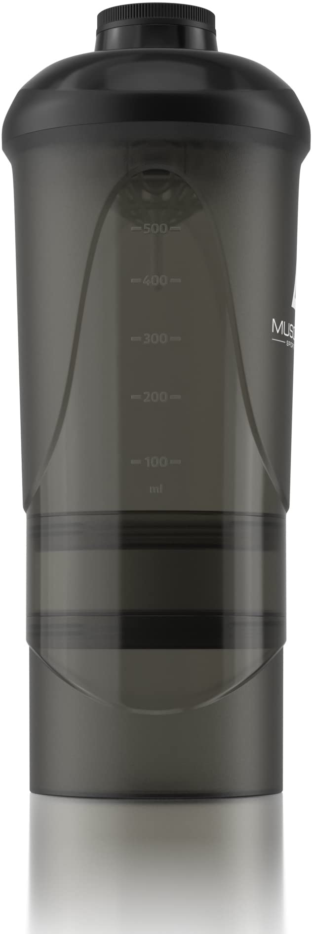 [Australia] - Black Protein Shaker Plus Storage Screw top 100% Leak Proof Drinks Bottle 500ml to 700ml by Musclelinx Black Transparent Plus Storage 