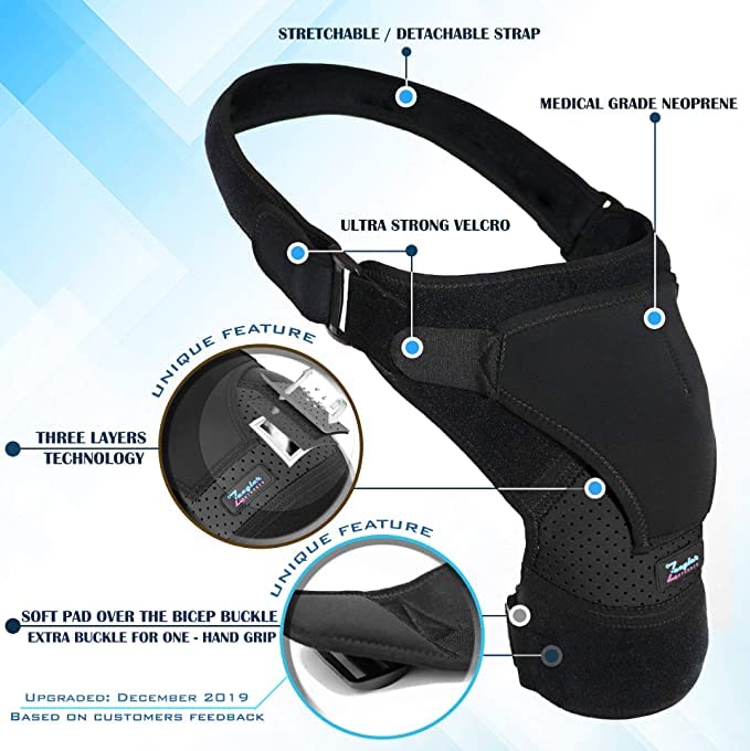 [Australia] - Shoulder Support Brace + Free Extension for Men and Women by Zeegler Orthosis - Adjustable Sleeve Compression and Stability for Chronic Pain, Aches in Injuries Such as Torn Rotator Cuff Dislocated AC Joint Subluxation Tears and Sprain (M-XL) (Left-Right) 