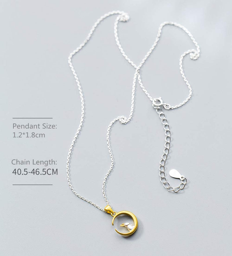 [Australia] - Cute Bunny Rabbit On The Moon Pendant Necklace for Women Teen Girls Kids S925 Sterling Silver Hypoallergenic Dainty Tiny Crescent Choker 18" Chain Collar Delicate Animal Jewelry Gifts Box for Daughter 