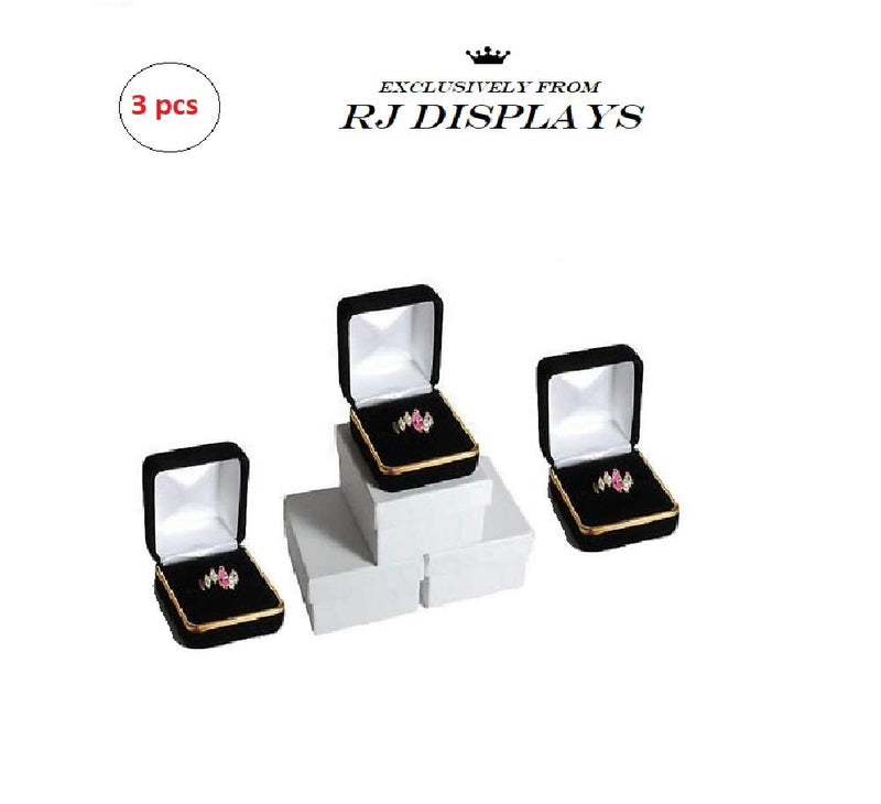 [Australia] - 3 Pack Black Velvet Ring Box with Gold Trim Jewelry Gift Boxes Displays-by R J Displays 