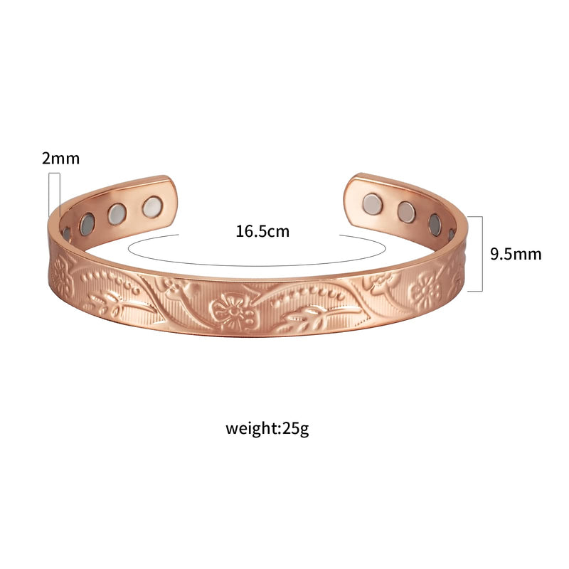 [Australia] - EnerMagiX Copper Magnetic Bracelet for Men Women, Flower Pattern Design Solid Copper Cuff Bangle with 6 Strong Magnets, Adjustable Size Magnetic Bracelets 