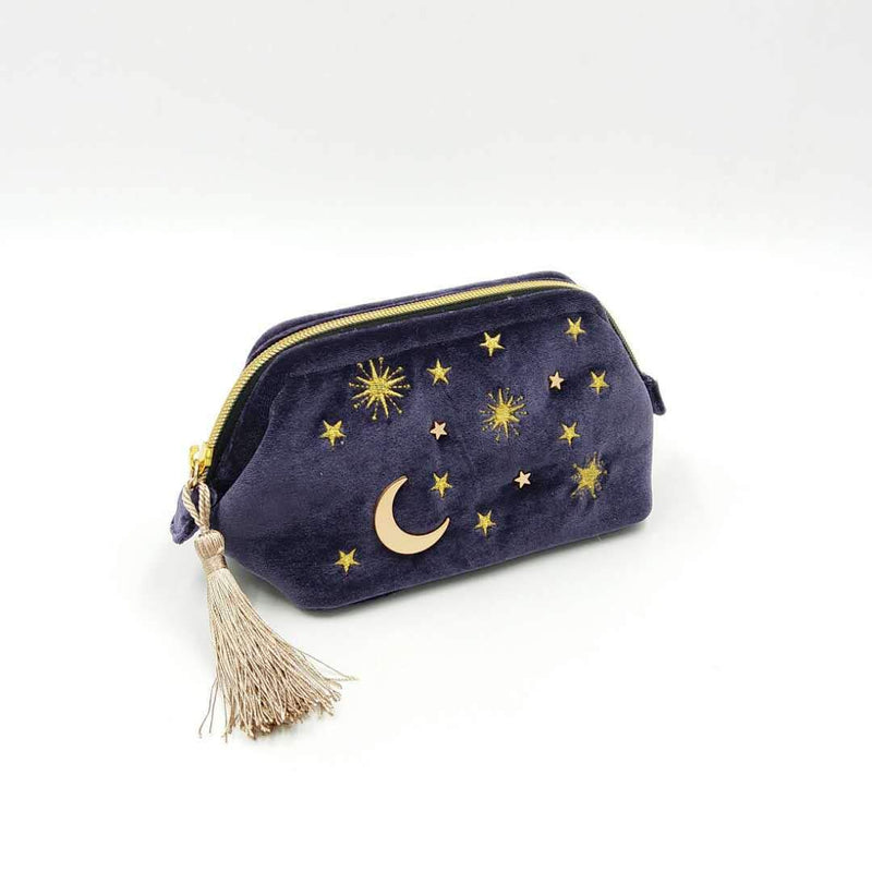 [Australia] - Handy cosmetic makeup bag,Navy Velvet Embroidered Applique Moon Stars Sun Cosmetic Bag,Starry Makeup Pouch with Tassels & Pearl Zipper,Beautician Storage Bag Clutch Handbags,Toiletry Wash Bag 