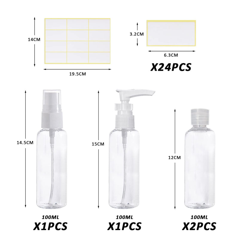 [Australia] - 4-Pack 100ML Clear Travel Bottle Set, Spray Bottles,Refillable Liquid Containers for Lotion, Body Wash, Shampoo with 2 Pcs Labels 