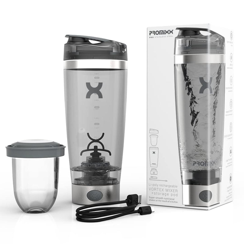 [Australia] - PROMiXX Pro Shaker Bottle | Rechargeable, Powerful for Smooth Protein Shakes | includes Supplement Storage - BPA Free | 600ml Cup (Silver White/Gray) Silver White/Gray 
