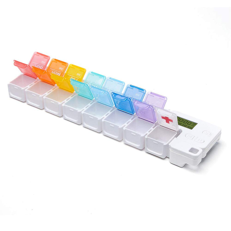 [Australia] - Portable Pill Box with Smart Reminder Alarm, 14 Grids Intelligent Electronic Digital Timer AM and PM Medicine Dispenser, Weakly Pill Organiser for Outdoor Travel Work 