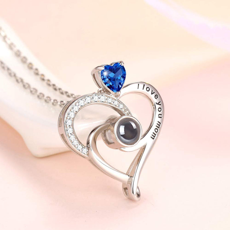 [Australia] - Blue Sapphire Necklace for Mother Birthday Gifts September Birthstone I Love Mom Necklace 100 Languages Sterling Silver Love Heart Engraved Necklace I Love Mom Blue Sapphire Necklace 