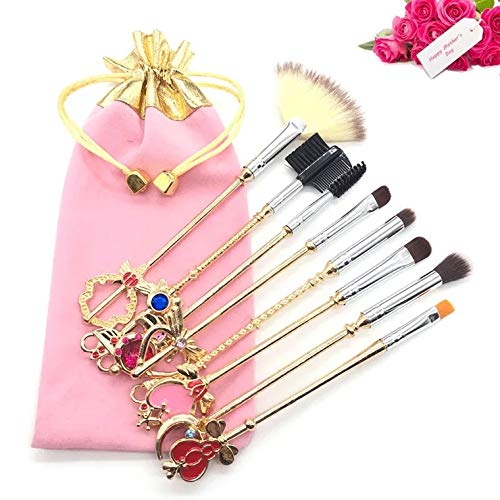 [Australia] - 8pcs Sailor Moon Gold Makeup Brush Set With Pink Pouch,Magical Girl Cute Cosmetic Makeup Brushes For Eyebrow Face Powder Foundation Blending Blush Concealer With Cute Pink Bag 