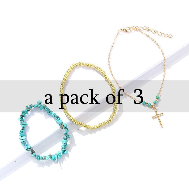 [Australia] - Aukmla Boho Layered Turquoise Anklets Chain Gold Beach Cross Pendent Foot Bracelets Jewelry for Women and Girls (Pack of 3) 