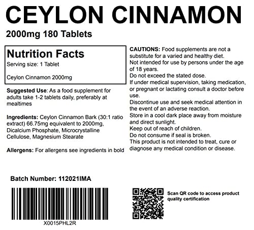 [Australia] - Ceylon Cinnamon 2000mg 180 Tablets UK Made Vegan Pharmaceutical Grade Blood Sugar Metabolism Supplement 