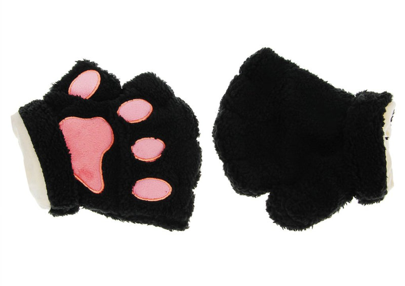 [Australia] - Starsource Cat Claw Paw Winter Plush Half Finger Gloves Mitten For Girls Black 