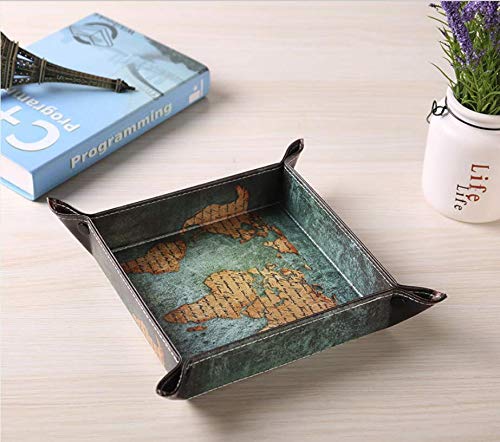 [Australia] - MJFloria Valet Tray Leather Valet Ring Catchall Jewelry Organizer Dice Box Small Travel Accessories Storage Tray for Bedside or Entry Way for Men or Women for Travel, Home or Office Map 