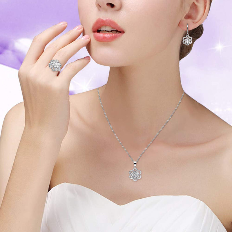 [Australia] - Uloveido Women's Platinum Plated Cubic Zirconia Flower Pendant Necklace Hoop Earrings and Rings Set Crystal Wedding Jewelry T489 White 9 