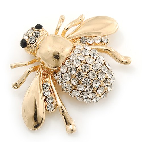 [Australia] - Avalaya Dazzling Diamante 'Bee' Brooch in Polished Gold Tone Metal - 50mm Width 