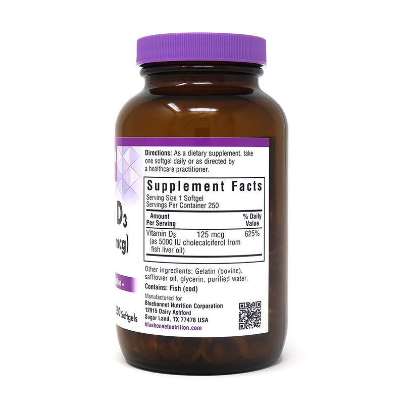[Australia] - BlueBonnet Nutrition Vitamin D3 5000 IU Softgels, Aids in Muscle and Skeletal Growth, Cholecalciferol from Fish Oil, Non GMO, Gluten Free, Soy Free, Dairy Free, Yellow, 250 Softgels 