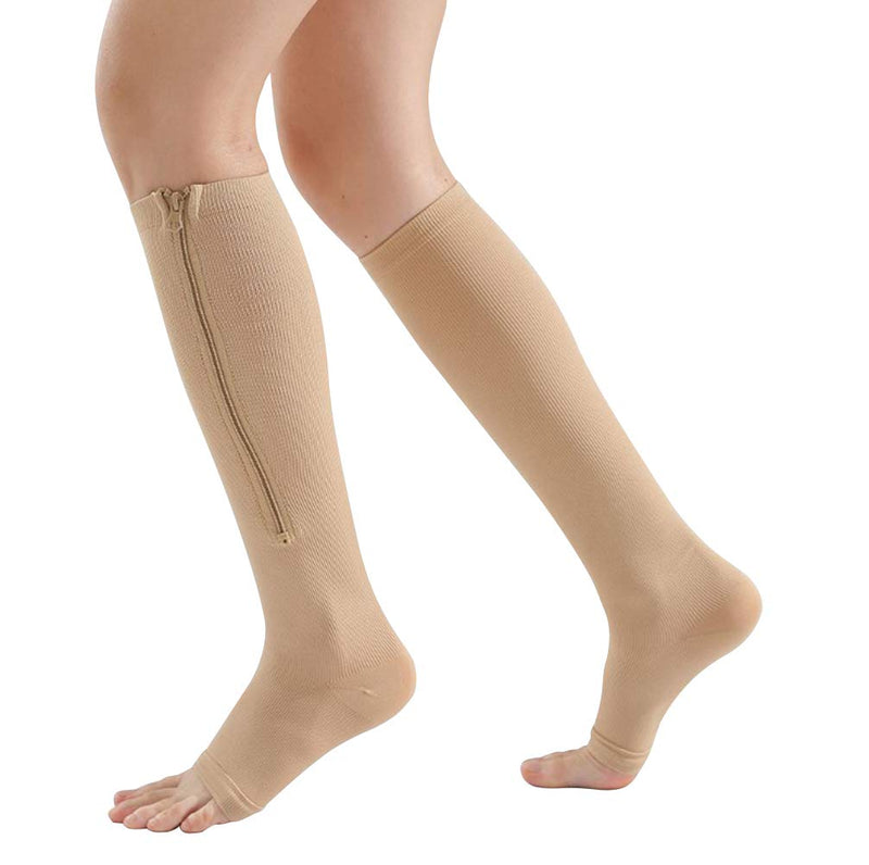 [Australia] - 3 Pairs Zipper Compression Socks Women with Open Toe Toeless Support Stockings Easy on Knee High Socks Large-X-Large Black&brown Skin&grey 