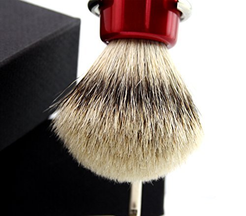 [Australia] - Mens Sliver Tip Badger Hair Shaving Brush with Shiny Red Base & Stainless Steel Brush Stand/Holder 