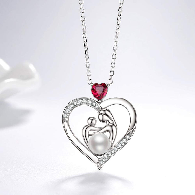[Australia] - Birthday Gifts for Mom Ruby Necklace for Mother Daughter Pearl Jewelry Sterling Silver Mother and Child Heart Jewelry Gifts for Wife Anniversary 