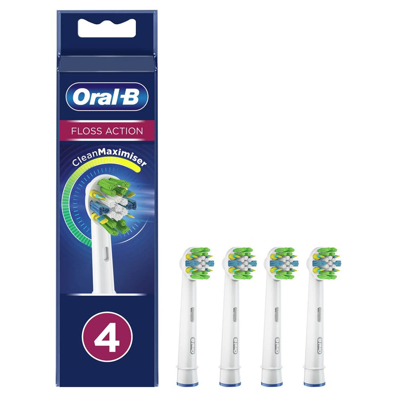 [Australia] - Oral-B Floss Action Electric Toothbrush Head with CleanMaximiser Technology, Angled Bristles for Deeper Plaque Removal, Pack of 4 Toothbrush Heads, White 4ct 