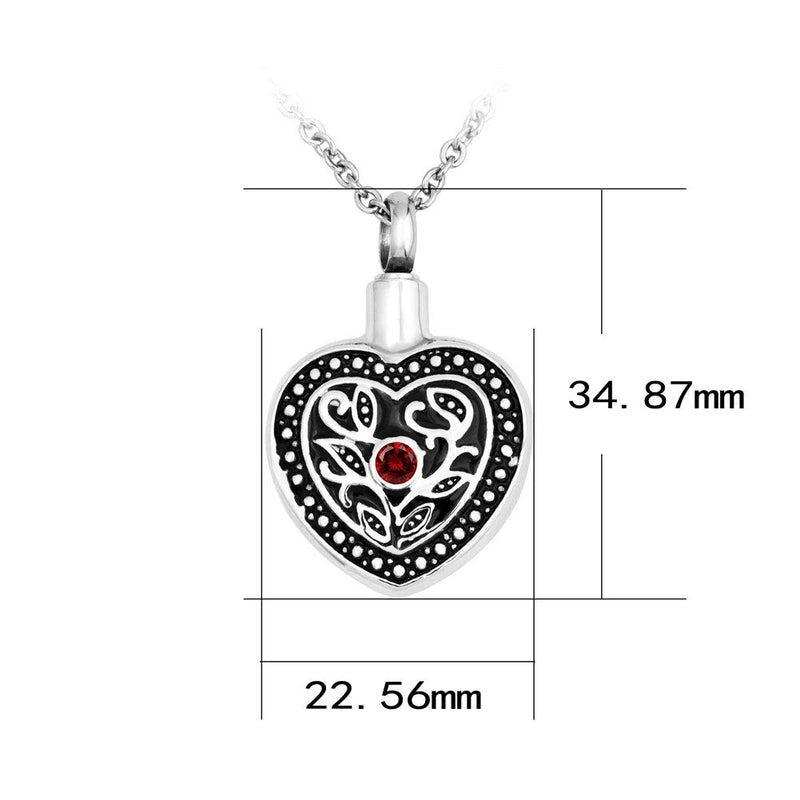 [Australia] - LuckyJewelry Heart Cremation Urn Necklaces for Ashes Flower Memorial Keepsake Pendant Jan Birthstone Red 