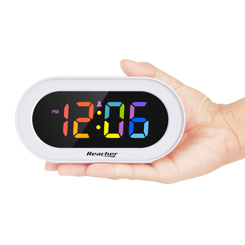 [Australia] - Reacher Small Colorful LED Digital Alarm Clock with Snooze, Simple to Operate, Full Range Brightness Dimmer, Adjustable Alarm Volume, Outlet Powered Compact Clock for Bedrooms, Bedside, Desk, Shelf Colorful Digit 