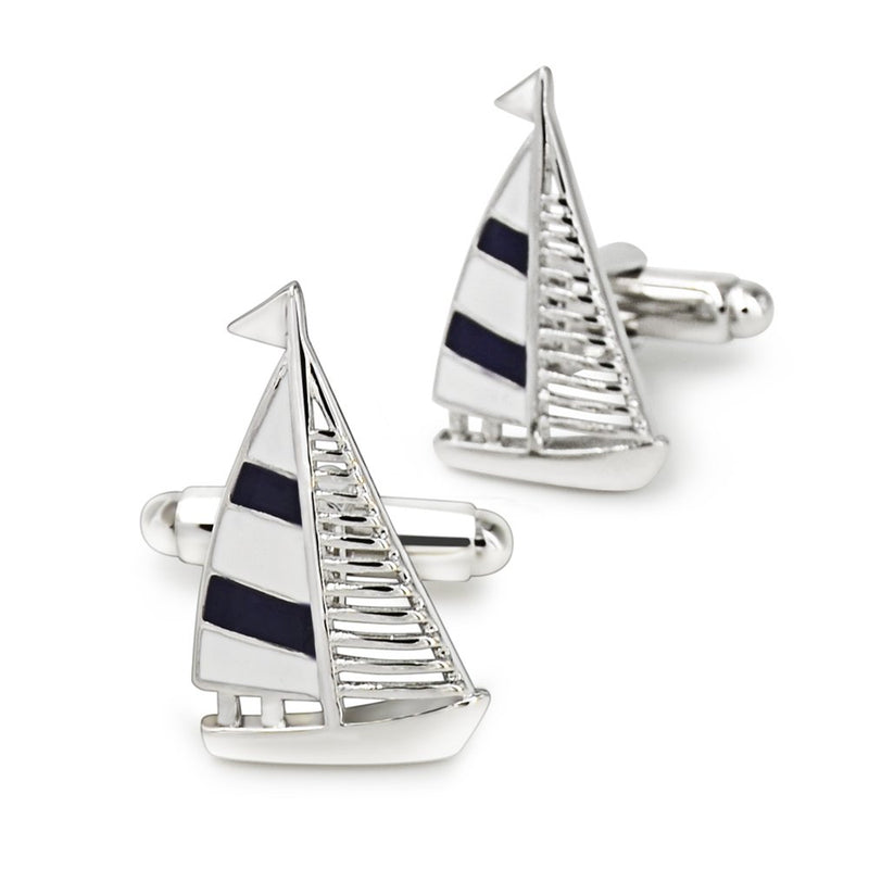 [Australia] - Mr.Van Navy Blue Sail Boat Cufflinks Classic Fashion Modern Stripe Cufflinks Blue and Silver 01 