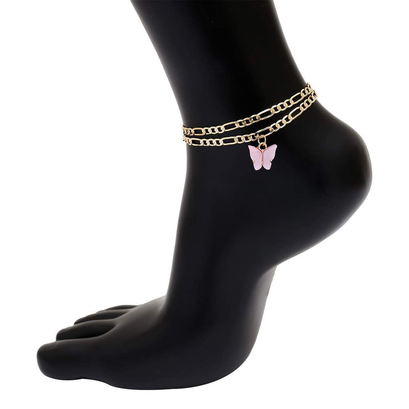 [Australia] - Aimimier Bohemian Butterfly Ankle Bracelet Set 2 Pcs Geometric Chain Link Anklet Boho Beach Barefoot Jewelry for Women and Girls 