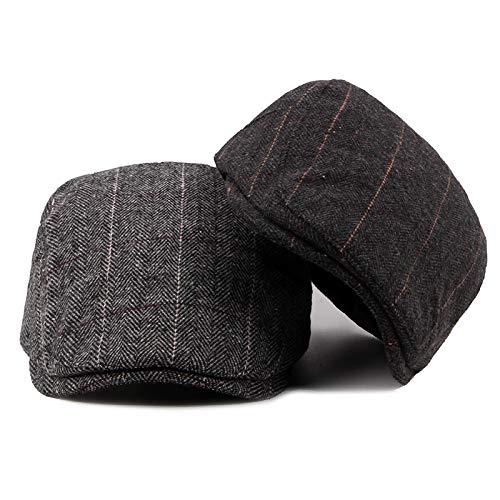 [Australia] - 2 Pack Newsboy Hats for Men Classic Herringbone Tweed Wool Blend Flat Cap Ivy Gatsby Cabbie Driving Hat A-black/Grey 