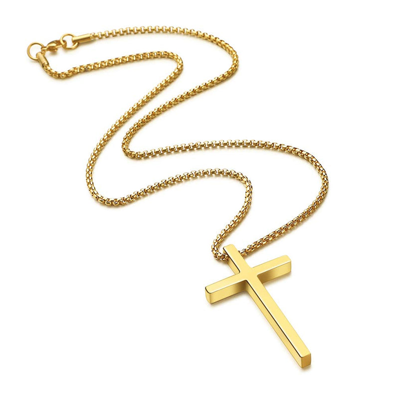 [Australia] - Ursteel Cross Necklace for Men, Silver Black Gold Stainless Steel Cross Pendant Necklace for Men, 16-30 Inches Box Chain 18.0 Inches Gold: Cross Pendant 0.8"*0.4" 