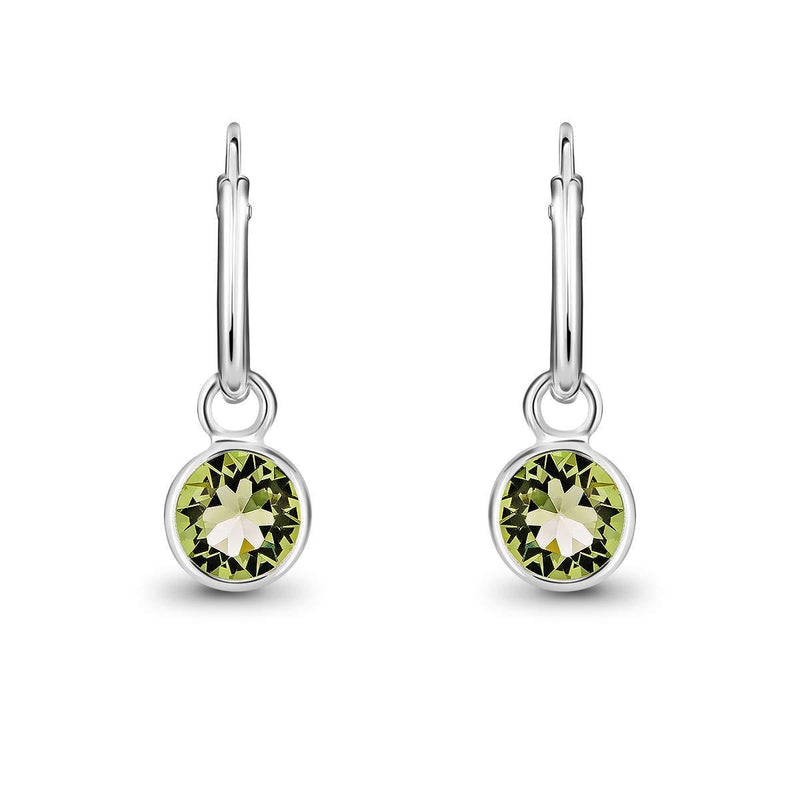 [Australia] - DTPsilver® 925 Sterling Silver SMALL Hoops Earrings - Dangling 5 mm Round Glittering Crystals from Swarovski® Elements - Diameter 14 mm Peridot 