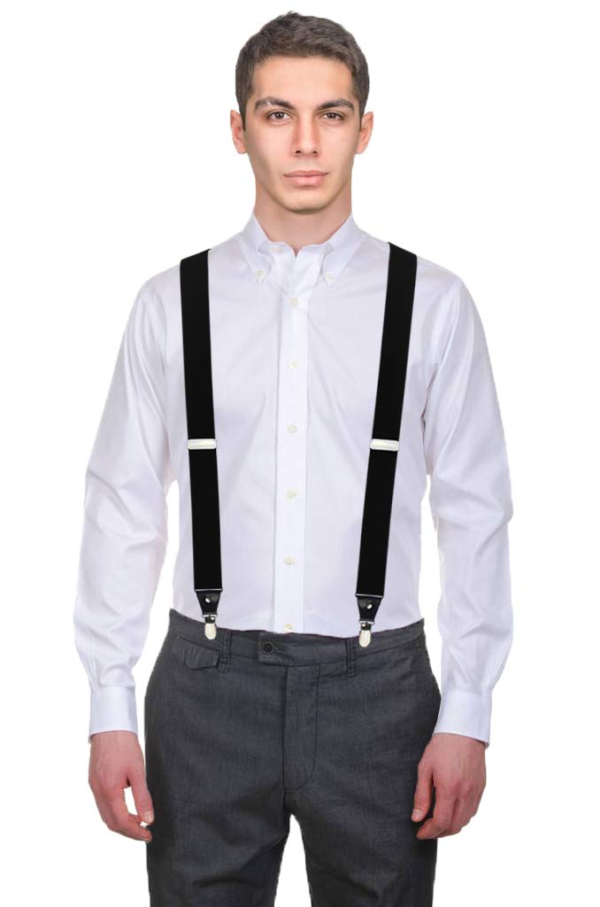 [Australia] - Men's Y-Back 1.4 Inches Wide 4-Clips Adjustable Suspenders Black 