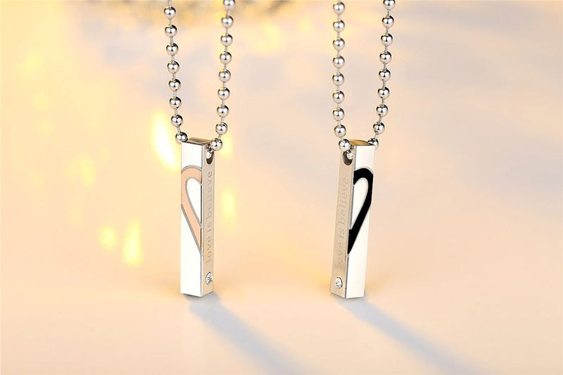 [Australia] - Uloveido Titanium Square Vertical Bar Pendant Chain Mathing Initial Necklace for Couples Engraved Love is Believe, Birthday Gift Ideas for Him and Her KS797 