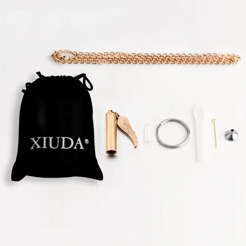 [Australia] - XIUDA Cremation Jewelry Urn Necklace for Ashes with Angel Wing Charm & Cylinder Eternity Stainless Steel l rosegold non-engraving 