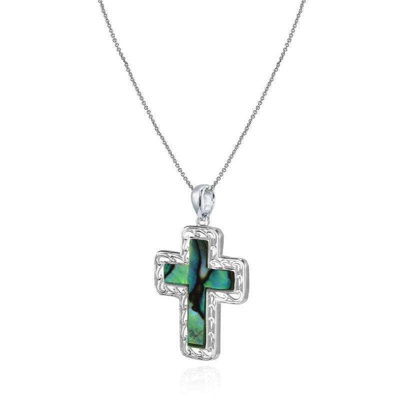 [Australia] - GemStar USA Sterling Silver Abalone or Simulated Turquoise Filigree Cross Pendant Necklace 