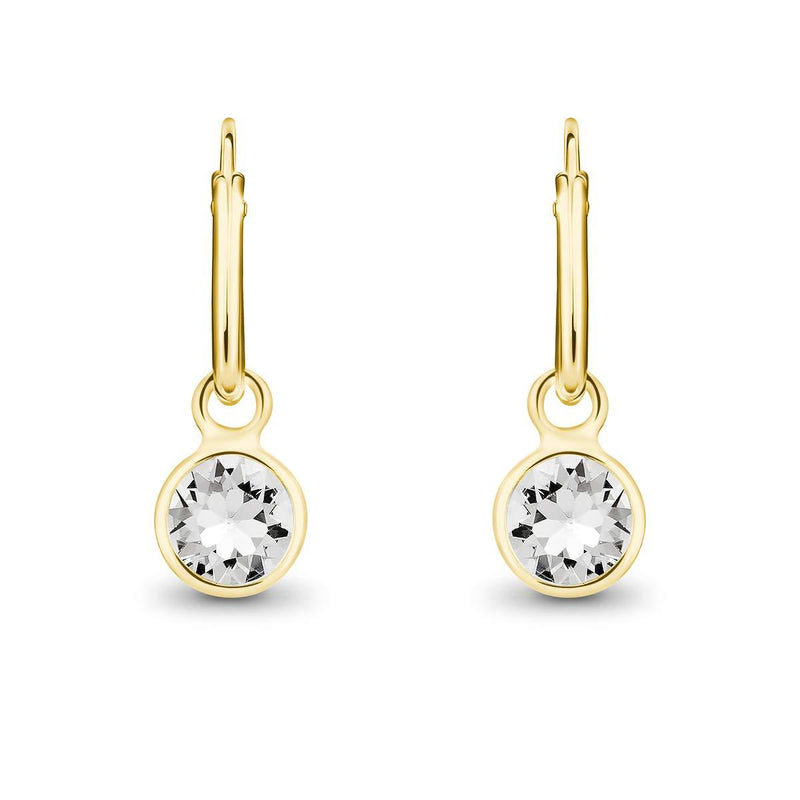 [Australia] - DTPsilver® 925 Sterling Silver Yellow Gold Plated SMALL Hoops Earrings - Dangling 5 mm Round Glittering Crystals from Swarovski® Elements - Diameter 12 mm - Many Colours to choose from White Crystal 