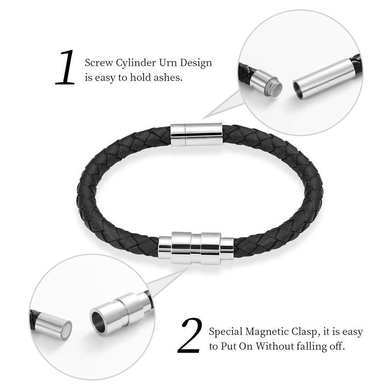 [Australia] - Cremation Jewelry Urn Bracelet for Ashes for Women Men Cylinder Genuine Leather Bangle Bracelet Ashes Memorial Keepsake Jewelry Black-22cm 