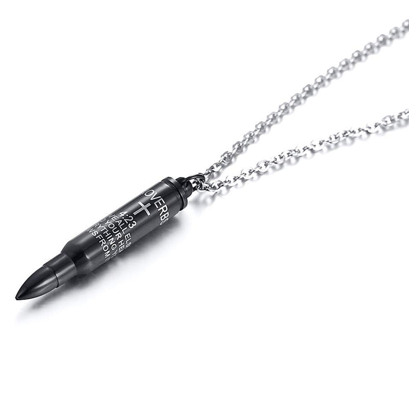 [Australia] - HUANIAN Stainless Steel Scripture Bullet Shape Canister Capsule Memorial Keepsake Pendant Cremation Ash Urn Necklace Black 