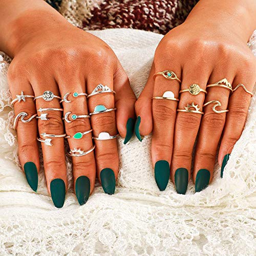 [Australia] - FUTIMELY Boho Retro Stackable Rings Sets for Teen Girls Women,Peak Sea Wave Compass Turquoise Rhinestone Knuckle Joint Finger Kunckle Nail Ring Sets GOLD 