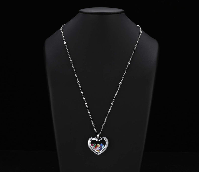 [Australia] - CF100 Birthstone Locket Necklaces, 12 AAAAA+ Cubic Zirconia Birthstones 316L Stainless Steel Floating Charms Locket Necklaces with Chains in Gift Box Silver Heart-shaped 