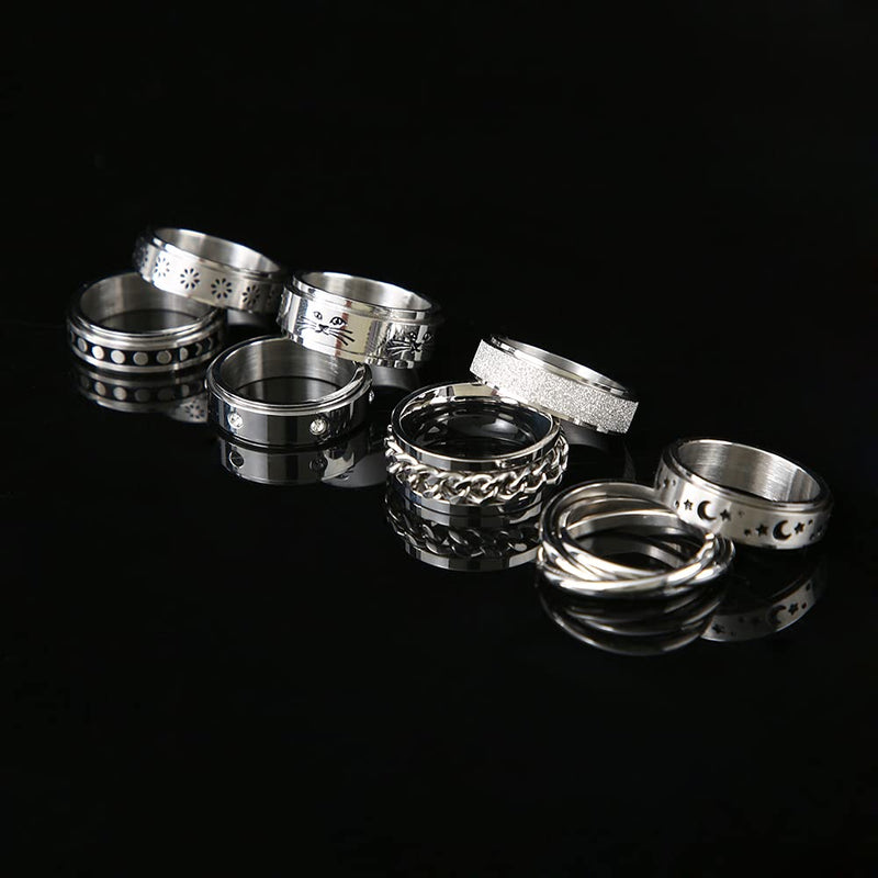 [Australia] - WFYOU 8Pcs Stainless Steel Fidget Rings for Women Men Anxiety Rings Moon Star Matching Rings Cuban Link Chain Ring Flower Cat Spinner Band Rings Set, Size5-10 Silver 5 