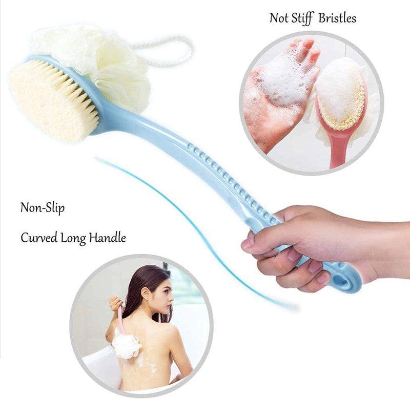 [Australia] - 2 Pack Shower Body Brushes with Bristles and Loofah, Back Scrubbers Bath Mesh Sponge with Curved Long Handle for Exfoliating Skin, Massage Bristles Suitable for Wet or Dry, Men and Women (Blue & Pink) 