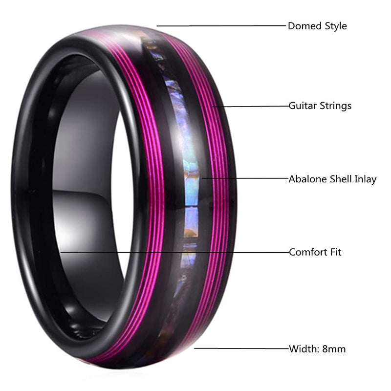 [Australia] - Corato 8mm Black Tungsten Rings with Purple Guitar String for Men Women Abalone Shell Inlay Wedding Bands Dome Style Comfort Fit Size 7-12 
