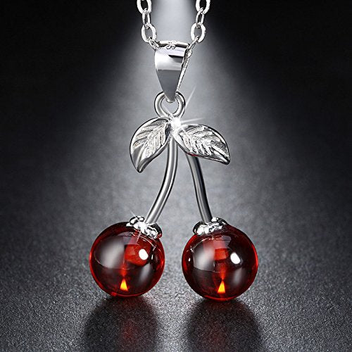 [Australia] - Ginger Lyne Collection Cherry Red Agate Stone Sterling Silver Pendant Necklace Water Waves Chain 