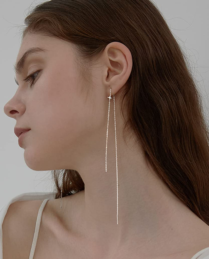 [Australia] - SLUYNZ 925 Sterling Silver Star Long Dangle Earrings Chain for Women Teen Girls Line Earrings Tassel Chain A-Silver 